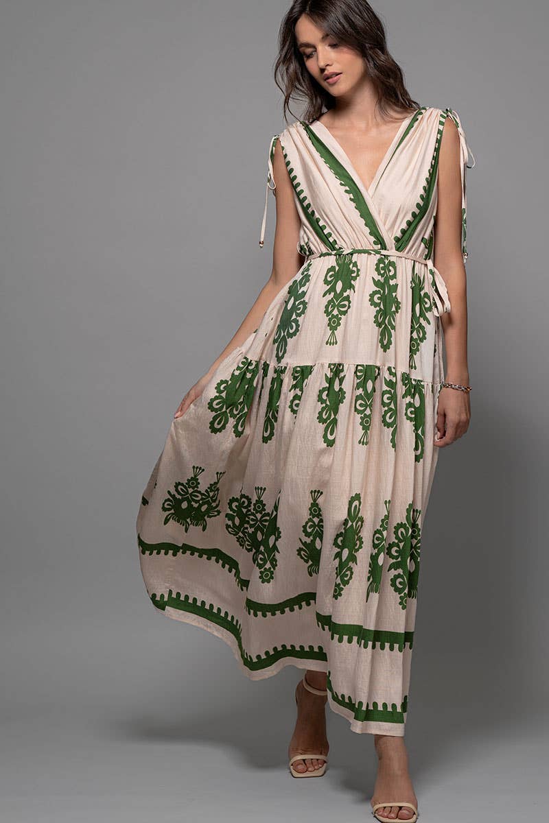 Green and Cream Embroidered Print Tie-Shoulder V-Neck Maxi Dress