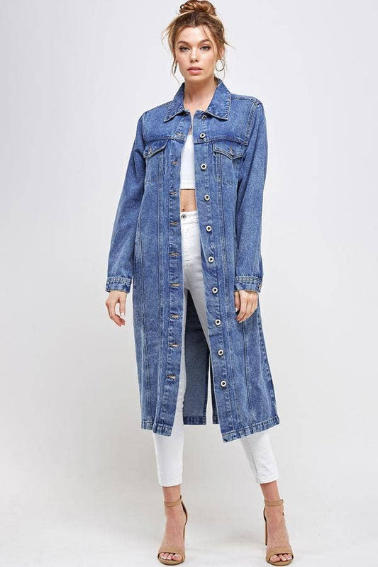Long Trench Coat Denim Jean Jacket (OPEN PACK): Dark Blue / L