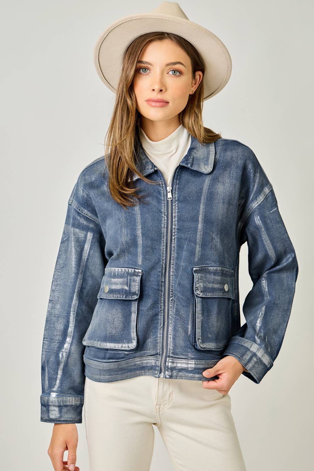 Metallic Washed Denim Jacket: Denim Blue/Pearl