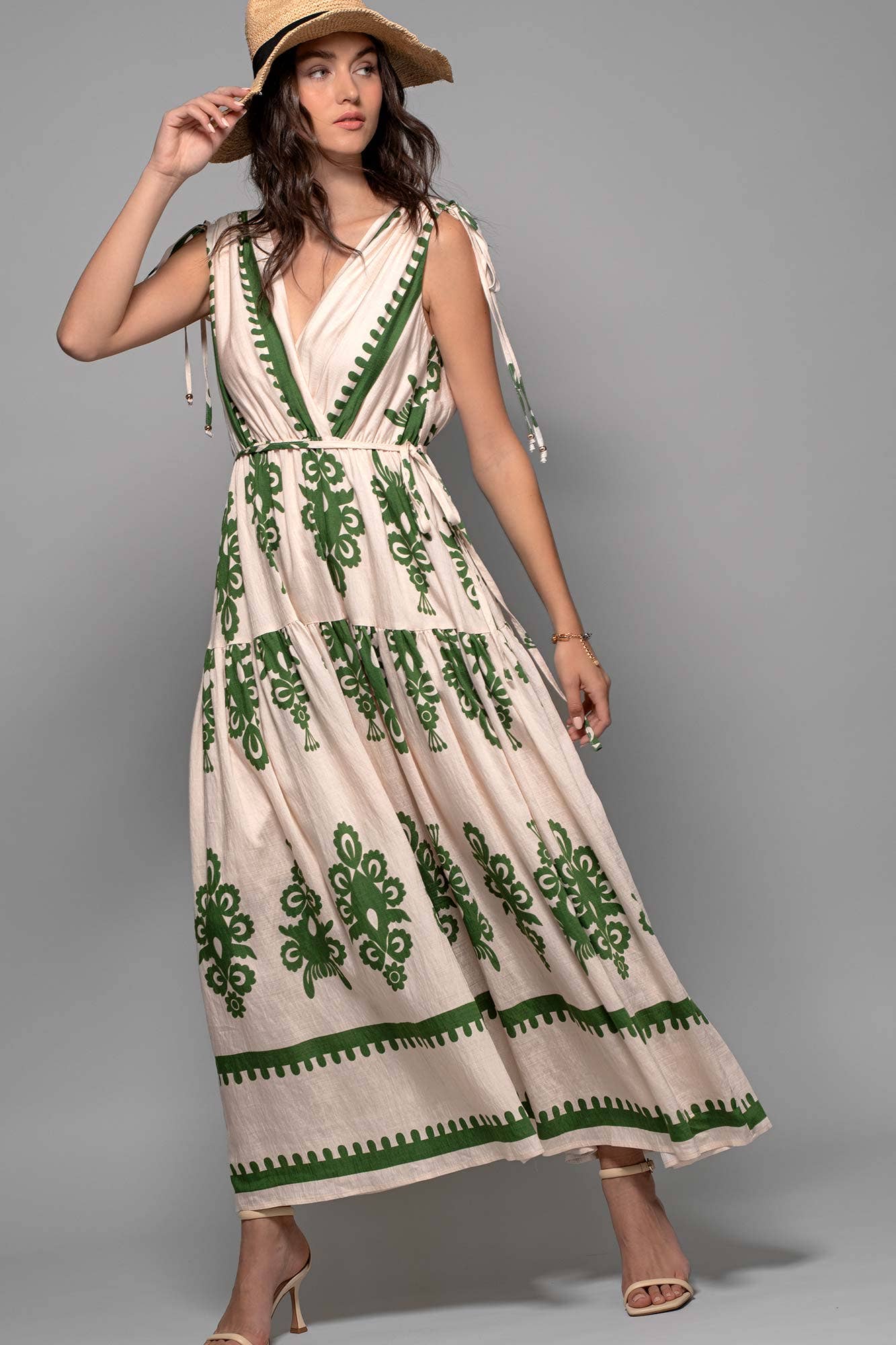 Green and Cream Embroidered Print Tie-Shoulder V-Neck Maxi Dress