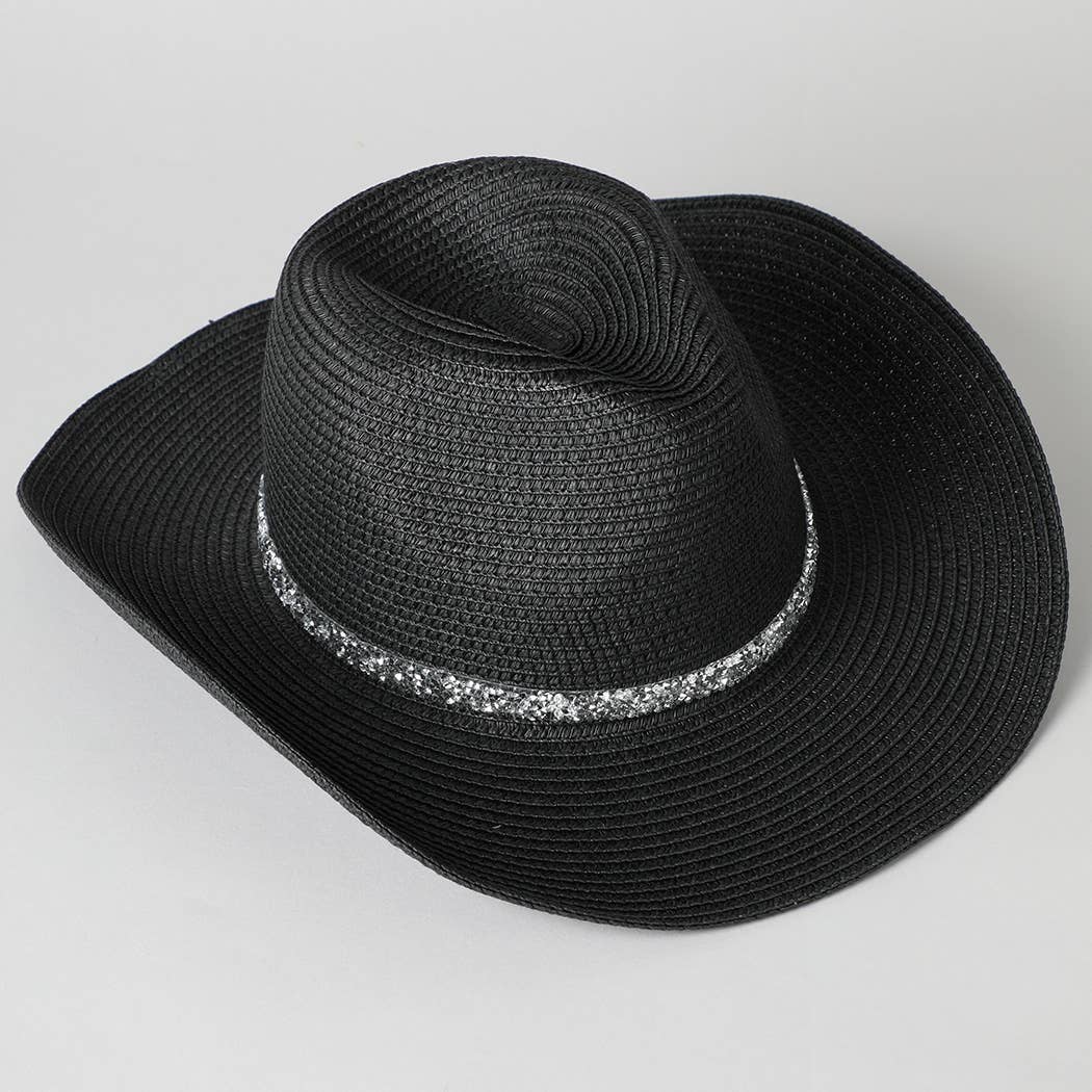 Rhinestone Band Straw Panama Cowboy Hat: Black / ONE SIZE