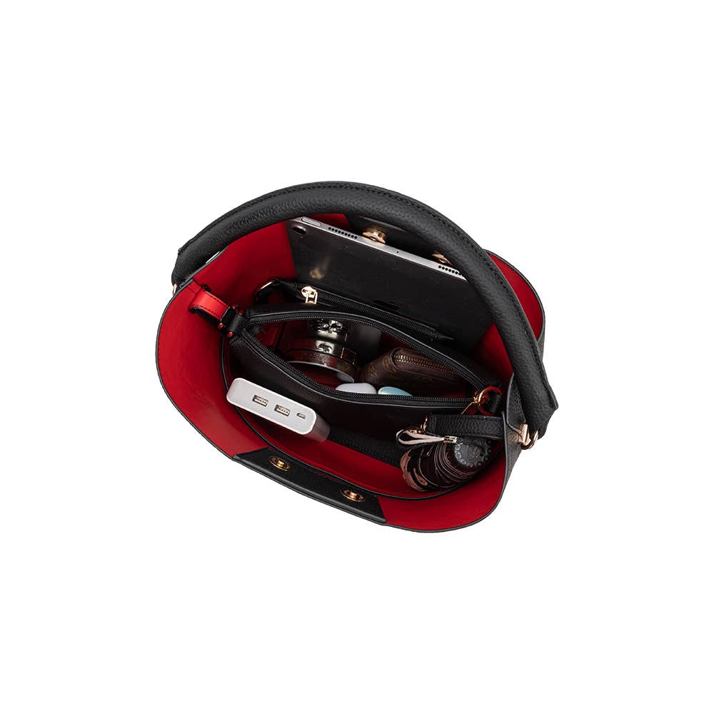 Karianna Black Three-piece Vegan Bag with Red leather lining