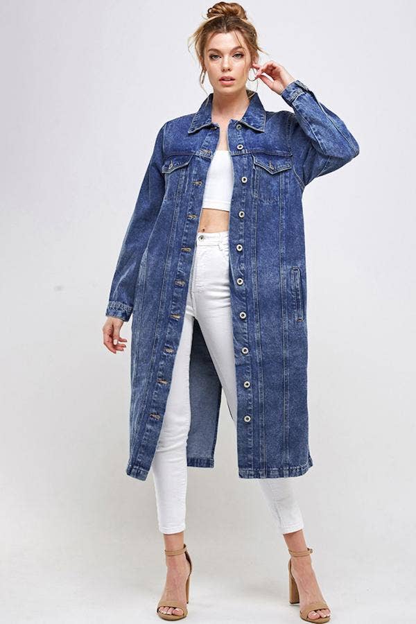 Long Trench Coat Denim Jean Jacket (OPEN PACK): Dark Blue / L