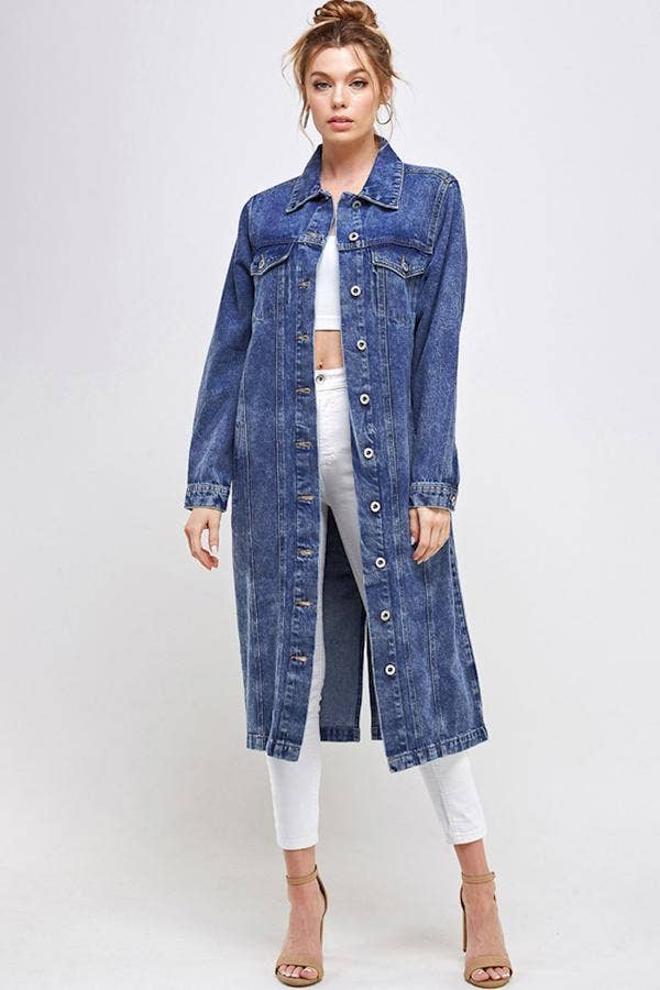 Long Trench Coat Denim Jean Jacket (OPEN PACK): Dark Blue / XL