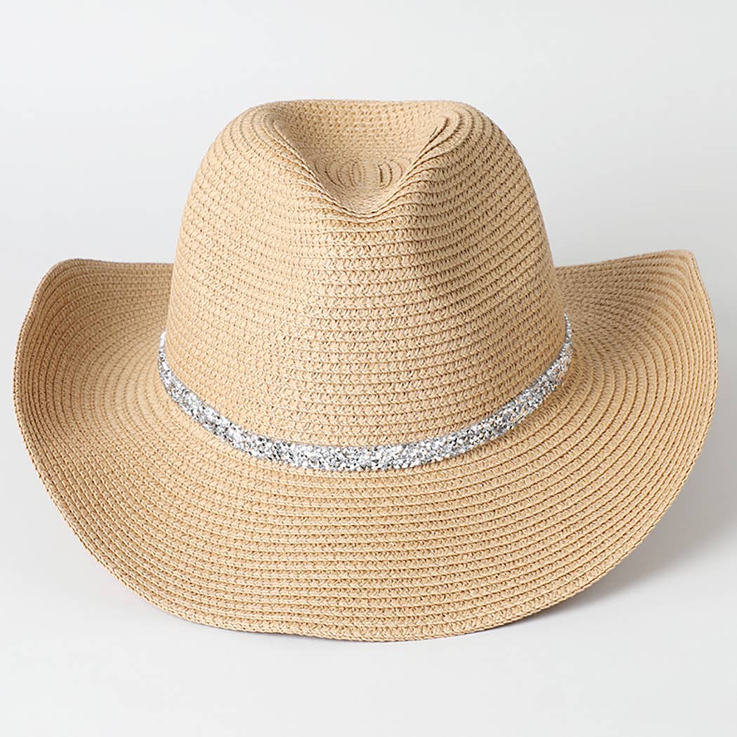 Rhinestone Band Straw Panama Cowboy Hat: LT BROWN / ONE SIZE