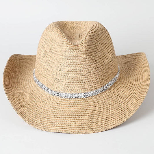Rhinestone Band Straw Panama Cowboy Hat: LT BROWN / ONE SIZE