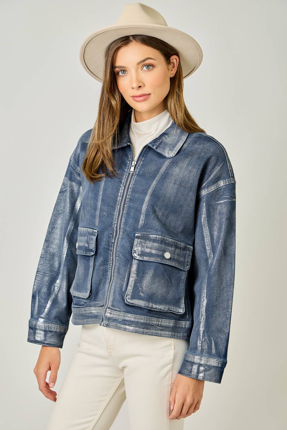 Metallic Washed Denim Jacket: Denim Blue/Pearl