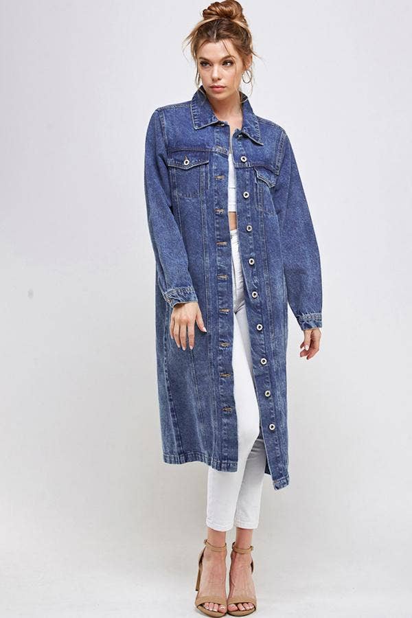 Long Trench Coat Denim Jean Jacket (OPEN PACK): Dark Blue / L