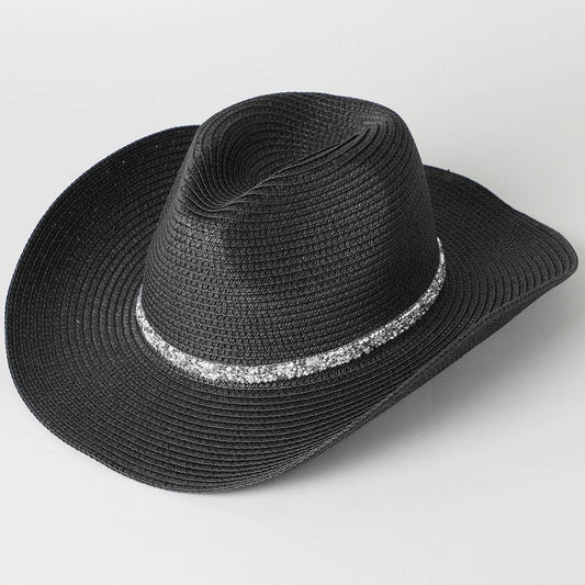 Rhinestone Band Straw Panama Cowboy Hat: Black / ONE SIZE