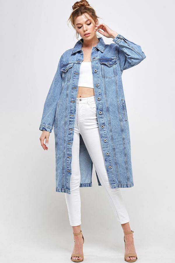 Long Trench Coat Denim Jean Jacket (OPEN PACK): Dark Blue / XL