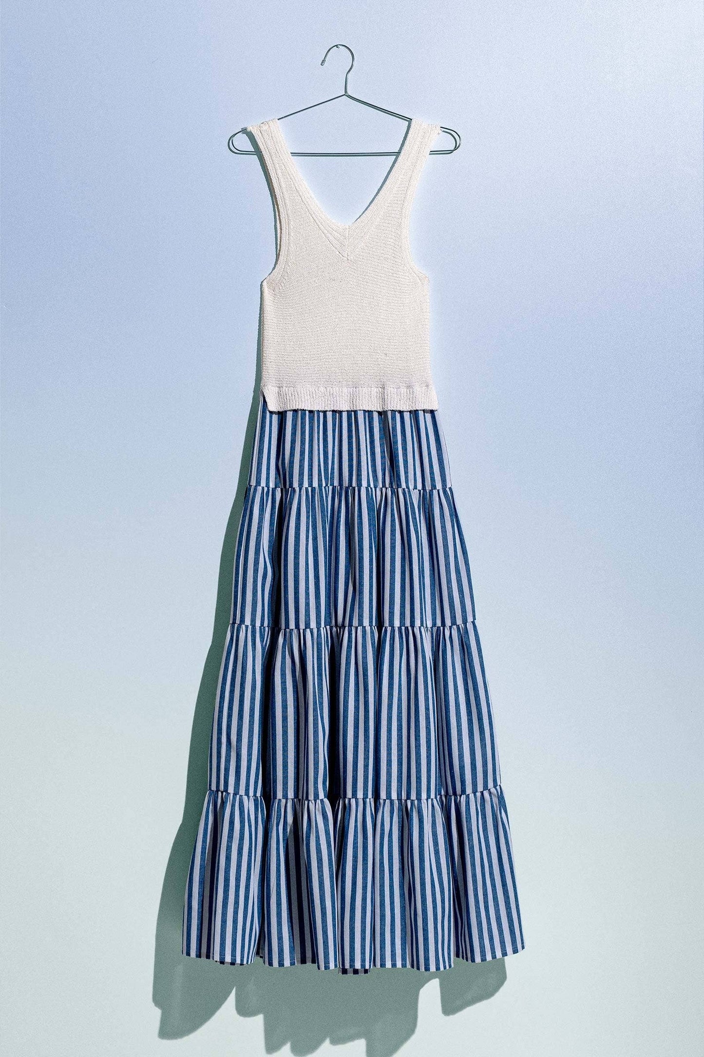 Blue Ribbed Bodice Striped Tiered Dress