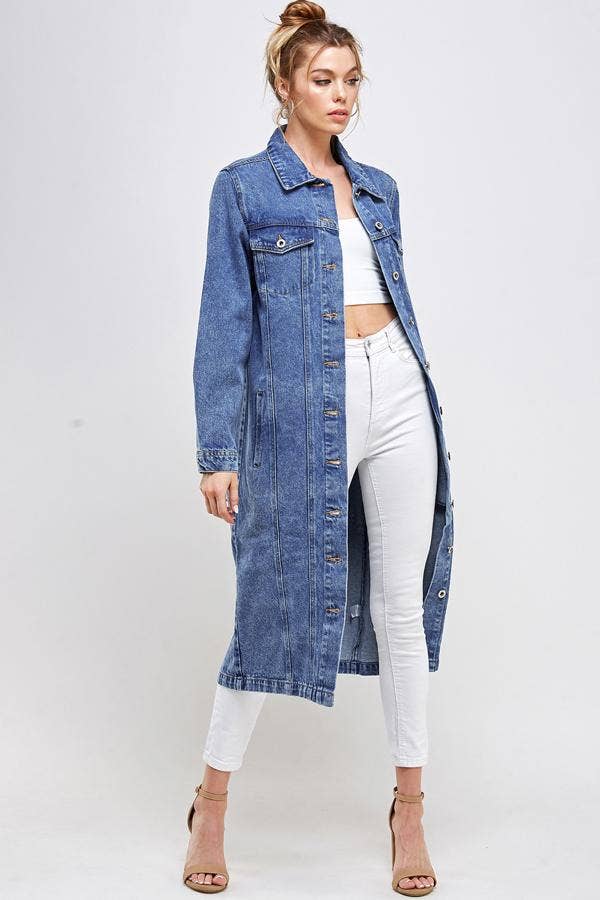 Long Trench Coat Denim Jean Jacket (OPEN PACK): Dark Blue / XL