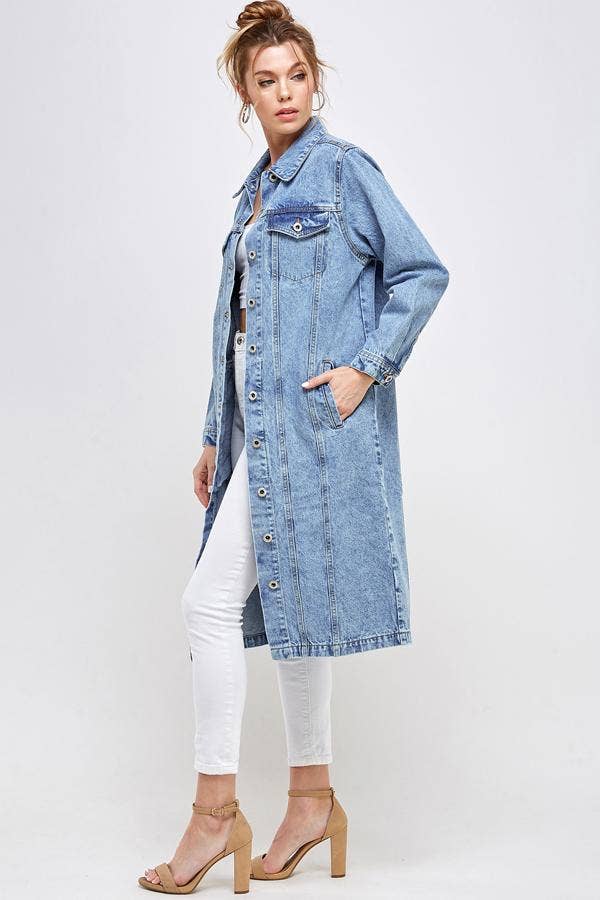 Long Trench Coat Denim Jean Jacket (OPEN PACK): Dark Blue / XL