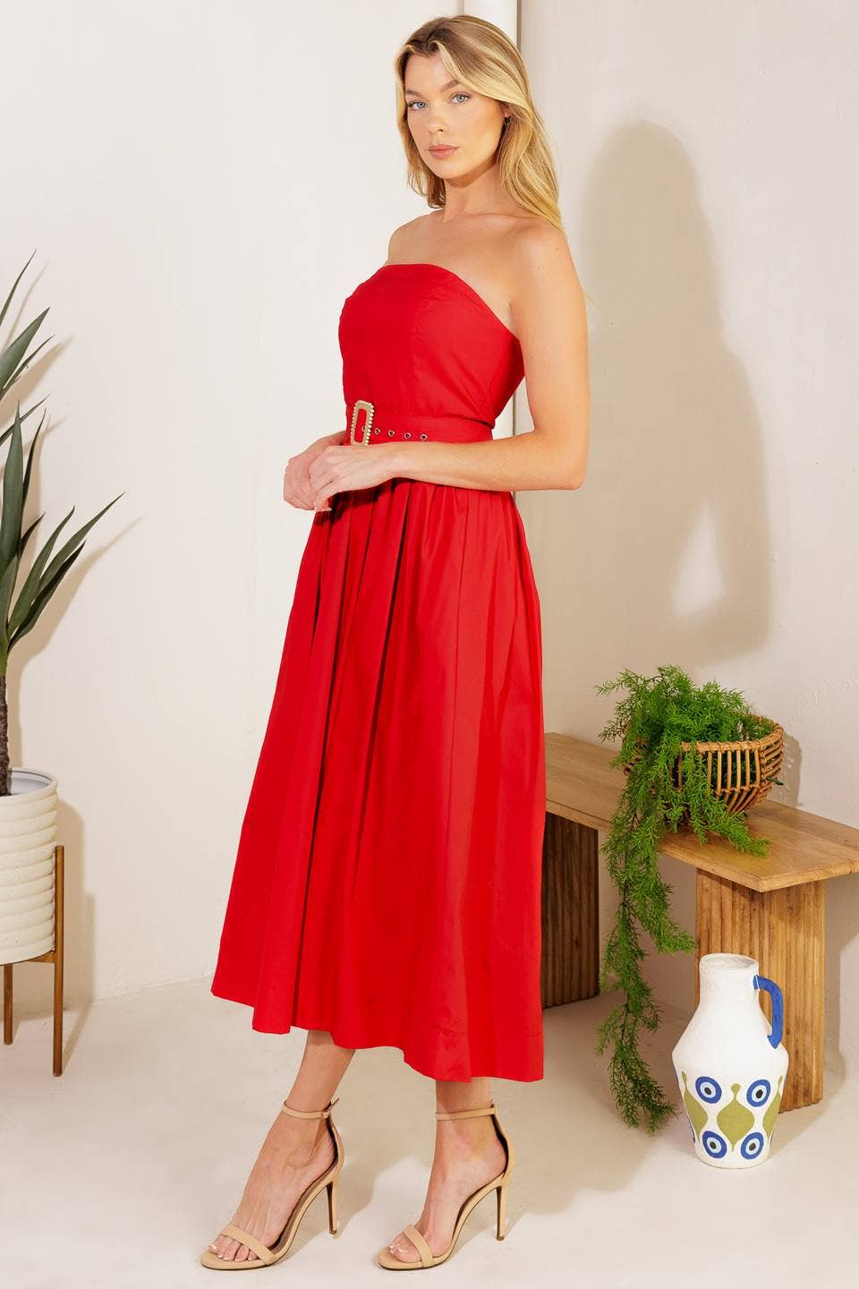 Red Strapless Dress with Belt