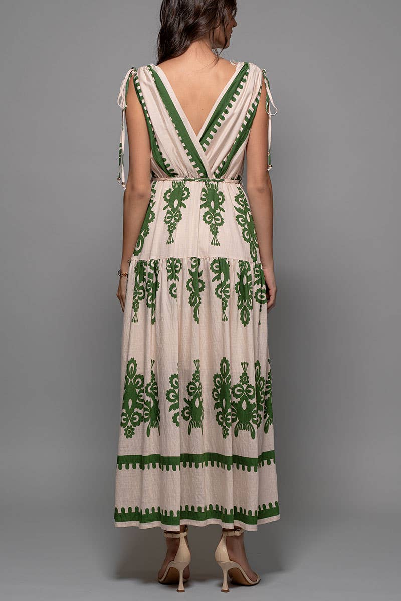 Green and Cream Embroidered Print Tie-Shoulder V-Neck Maxi Dress