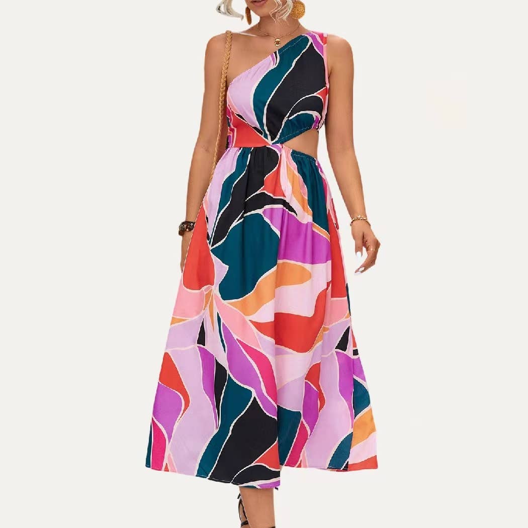 Cutie Multi Color One Shoulder Cutout Sleeveless Midi Dress: Pink Multi / S