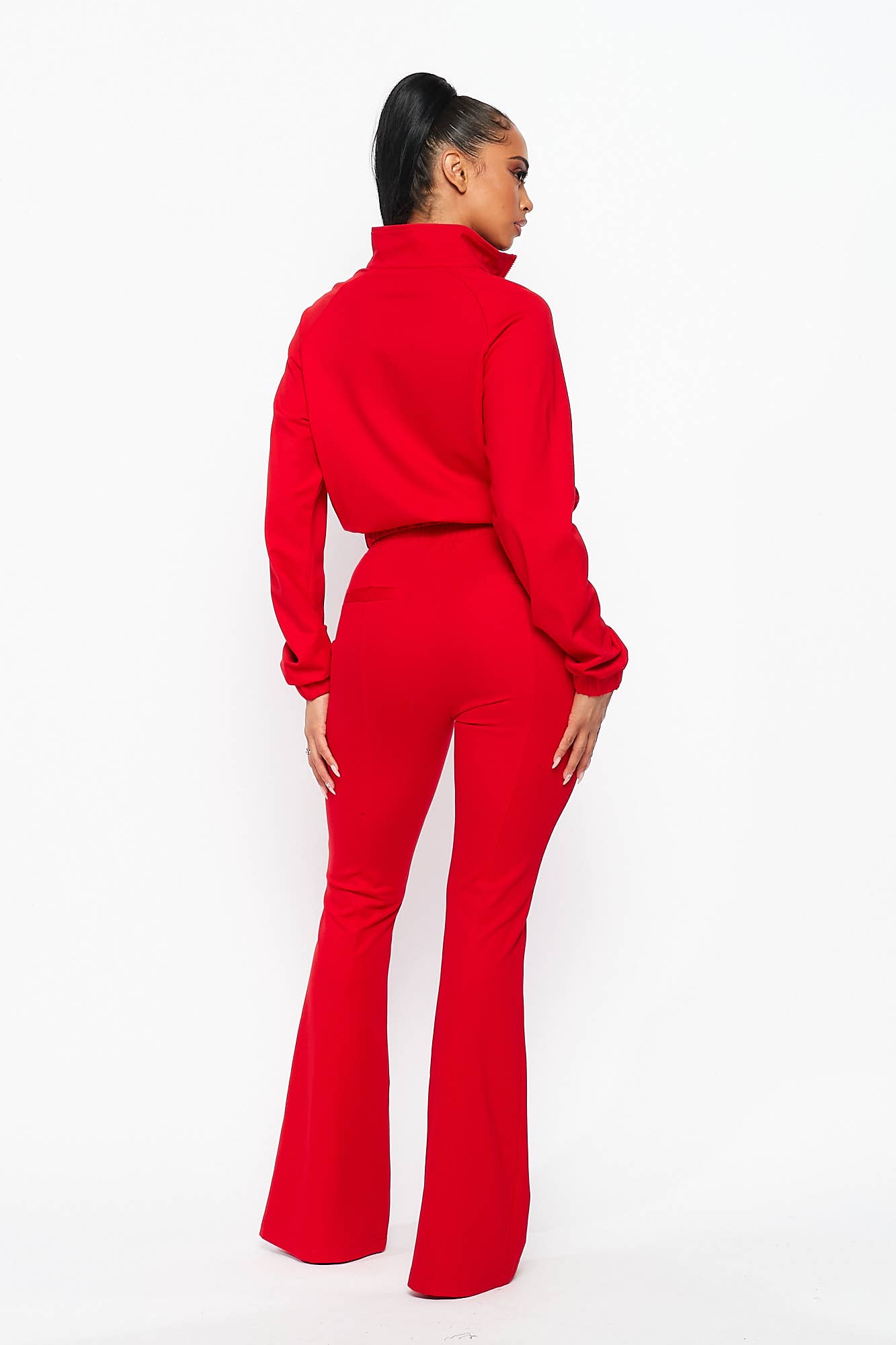 Simple Day Knit Track Jacket and Flare Pants Set: RED
