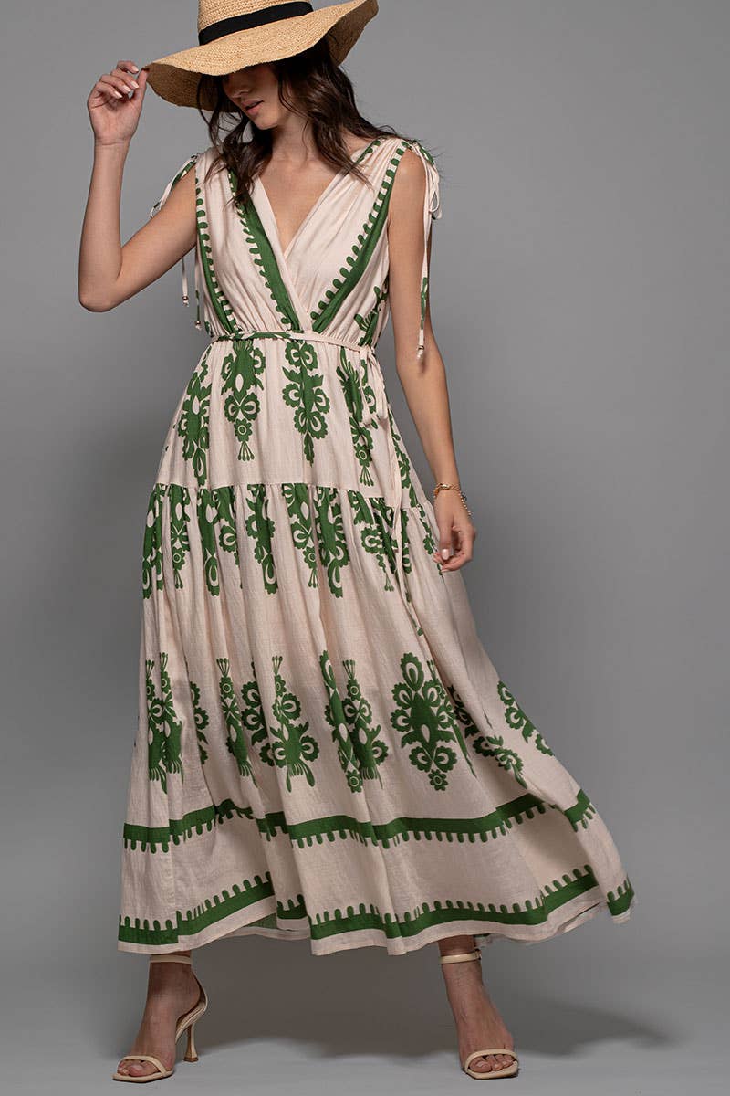 Green and Cream Embroidered Print Tie-Shoulder V-Neck Maxi Dress
