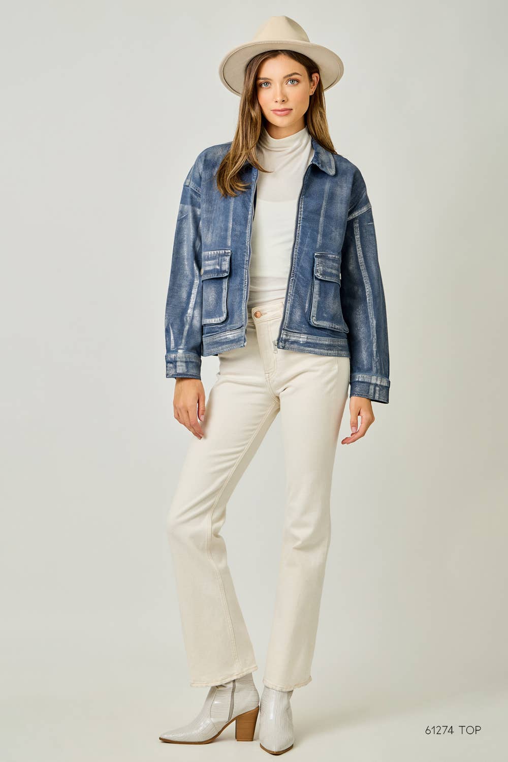 Metallic Washed Denim Jacket: Denim Blue/Pearl