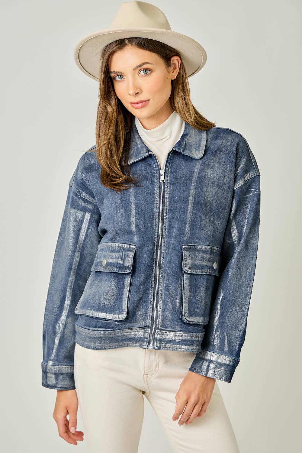 Metallic Washed Denim Jacket: Denim Blue/Pearl