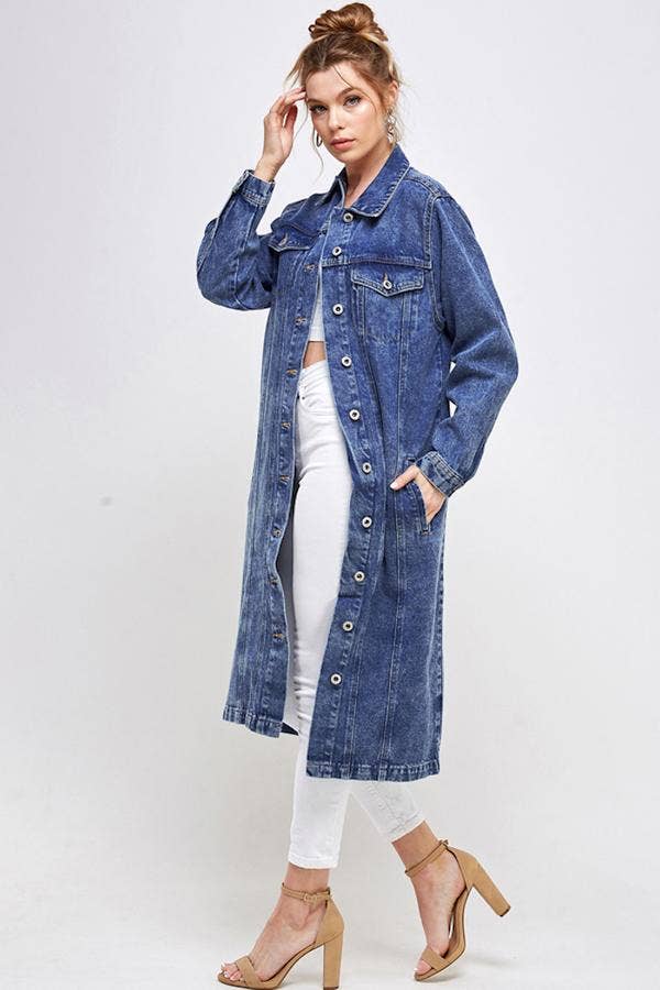 Long Trench Coat Denim Jean Jacket (OPEN PACK): Dark Blue / L