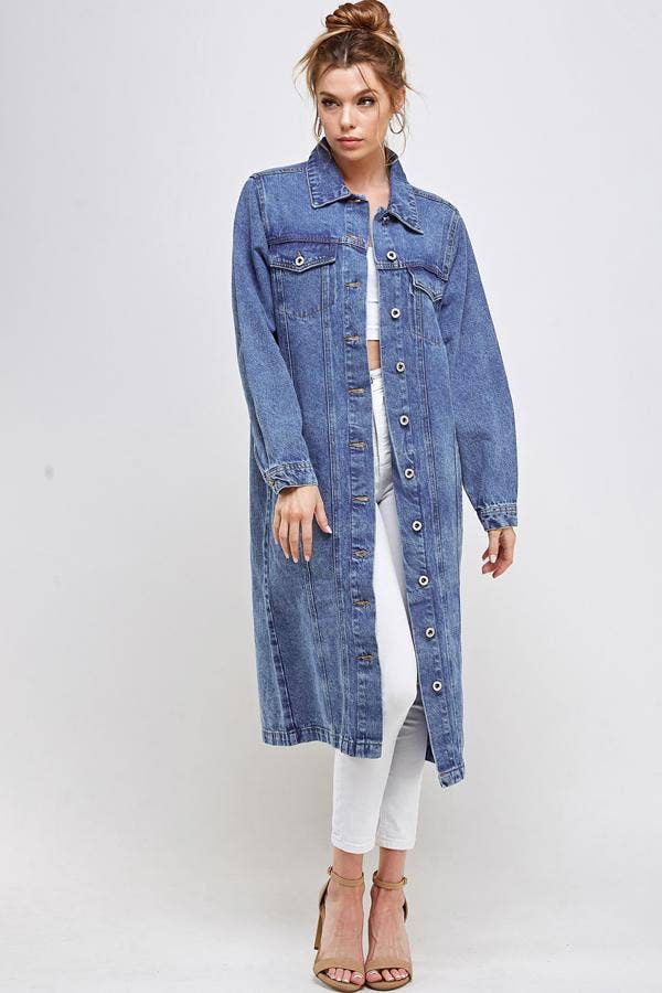 Long Trench Coat Denim Jean Jacket (OPEN PACK): Dark Blue / L