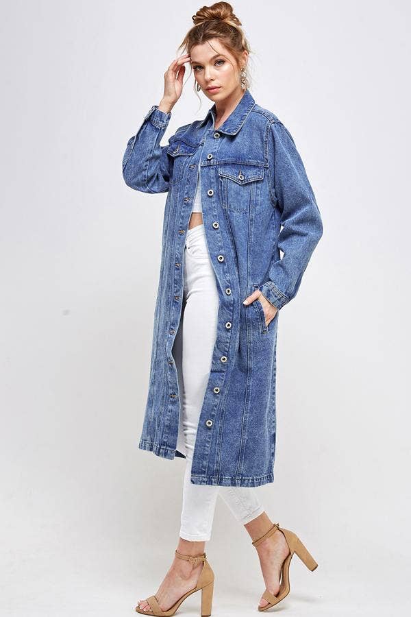 Long Trench Coat Denim Jean Jacket (OPEN PACK): Dark Blue / L