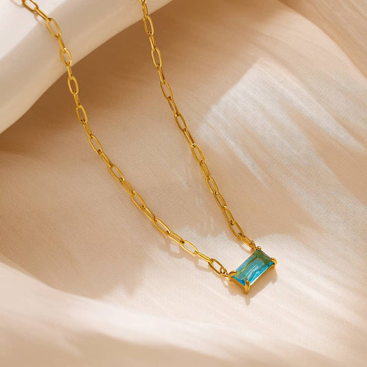 Titanium Steel Simple Rectangle Inlay Zircon Necklace: Blue