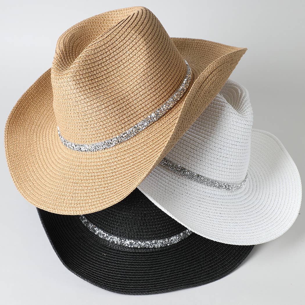 Rhinestone Band Straw Panama Cowboy Hat: White / ONE SIZE