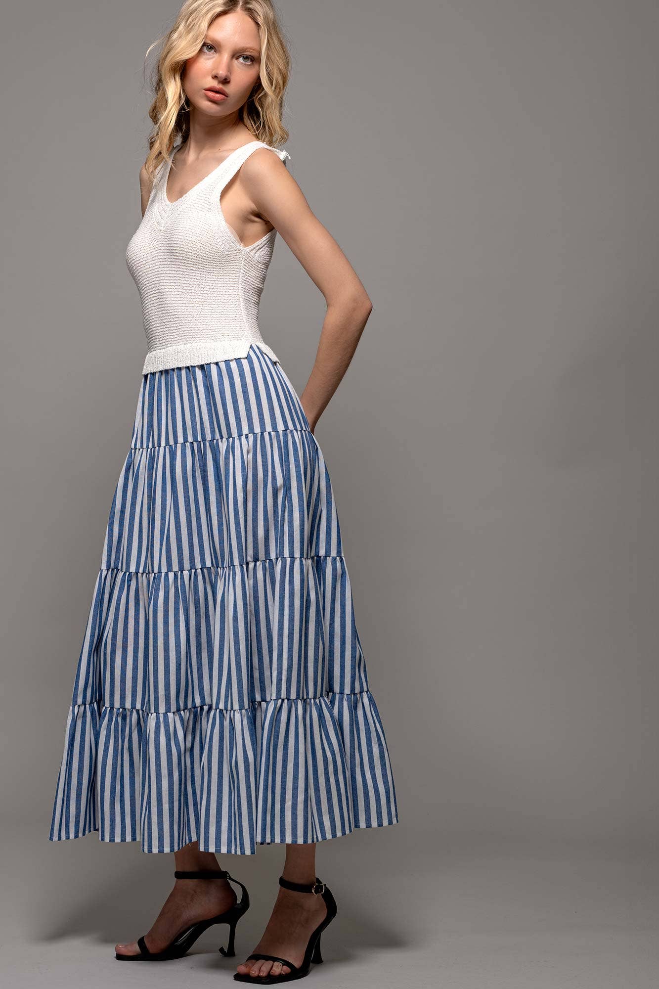 Blue Ribbed Bodice Striped Tiered Dress