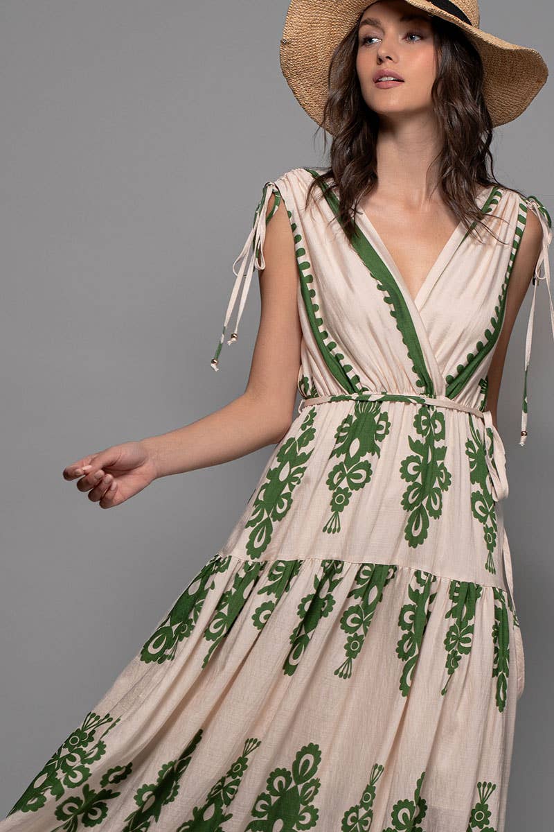 Green and Cream Embroidered Print Tie-Shoulder V-Neck Maxi Dress